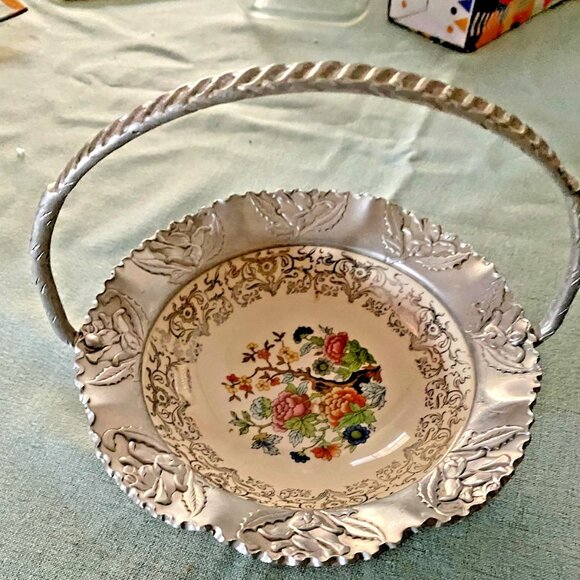 Vtg Farber & Shlevin Porcelain Floral Bowl Basket Aluminum Handle and Rim - Picture 1 of 4